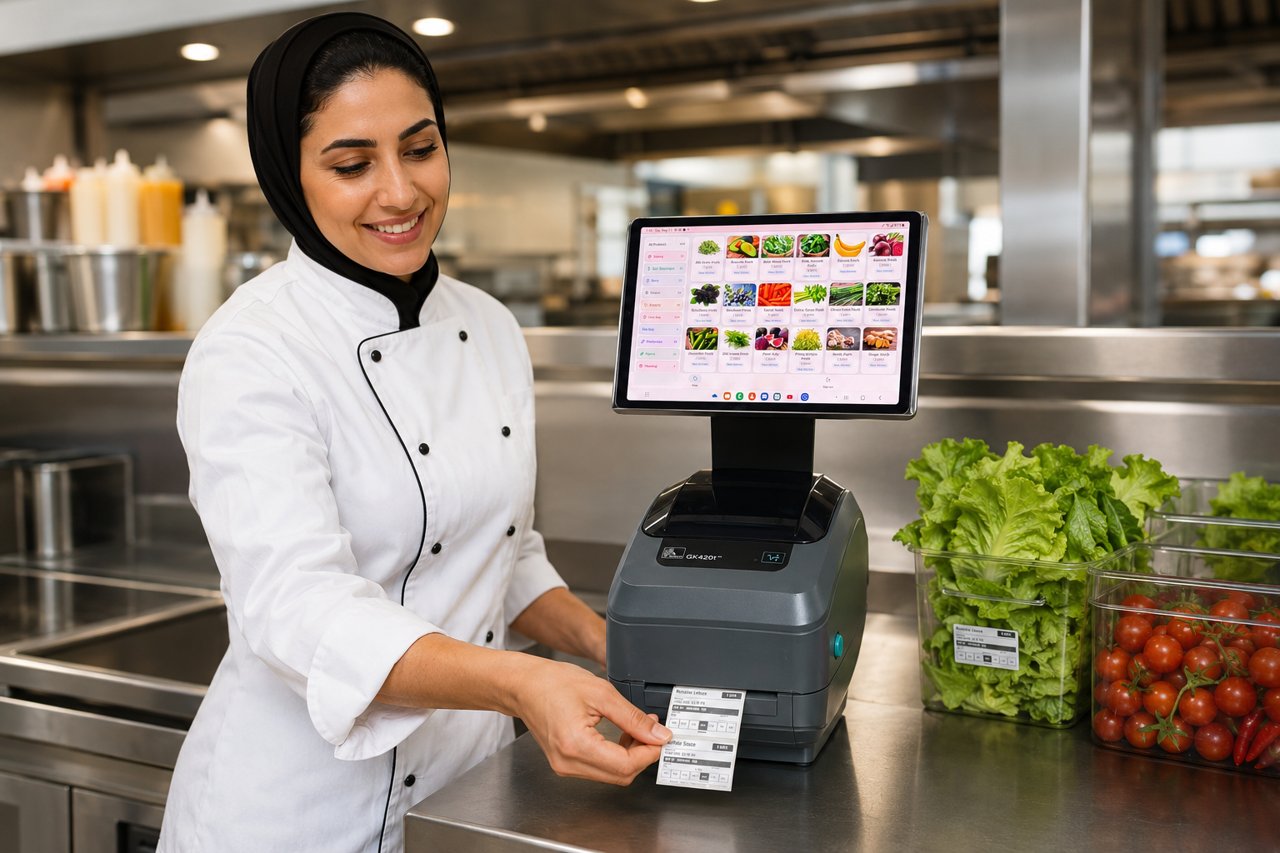 Chef printing a food-safety label at the Stickeit station